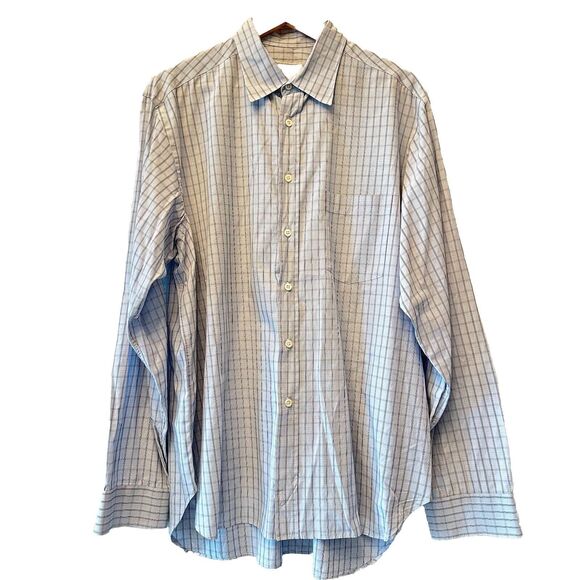 Billy Reid Gray Blue Plaid Roll Tab Sleeve Button Up Cotton Shirt Mens XL - Picture 1 of 11